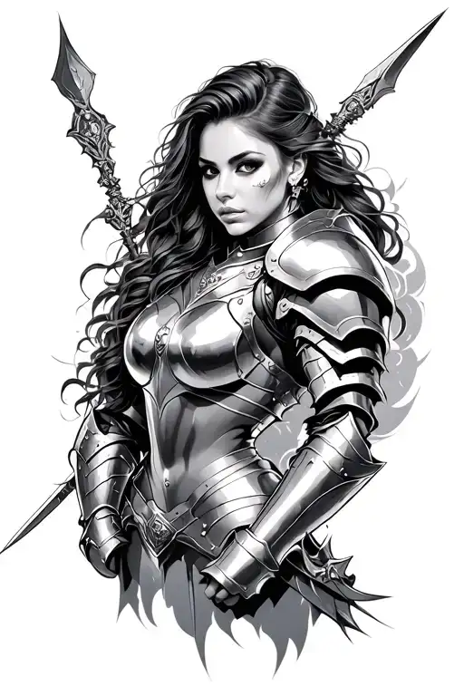 Women's Tattoo Warriors Wearing Glossy Iron Armor Full Size
