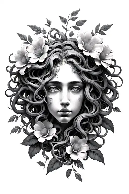 Medusa Head Realistic With Flowers Growing