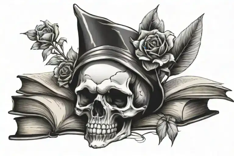 Skull With Flowers And Books Surrounded