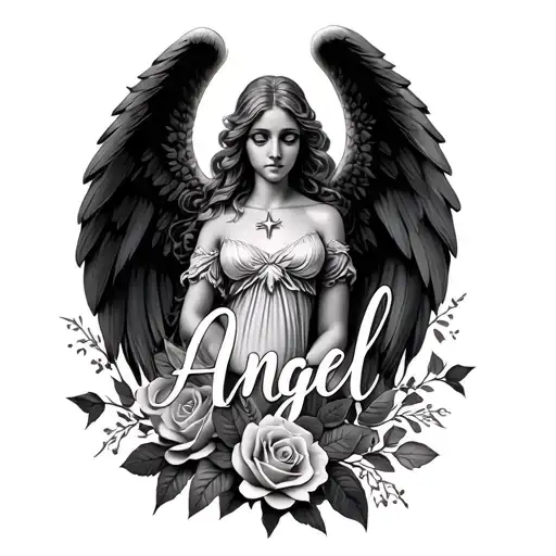 The Name Angel In Cursive With Roses And A Star