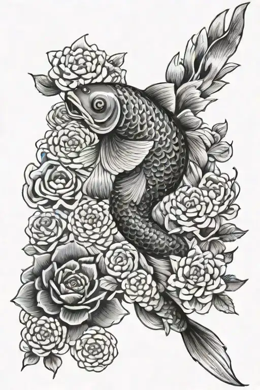 Japanese Koi Fish With Japanese Chrysanthemum And Japanese Camellias