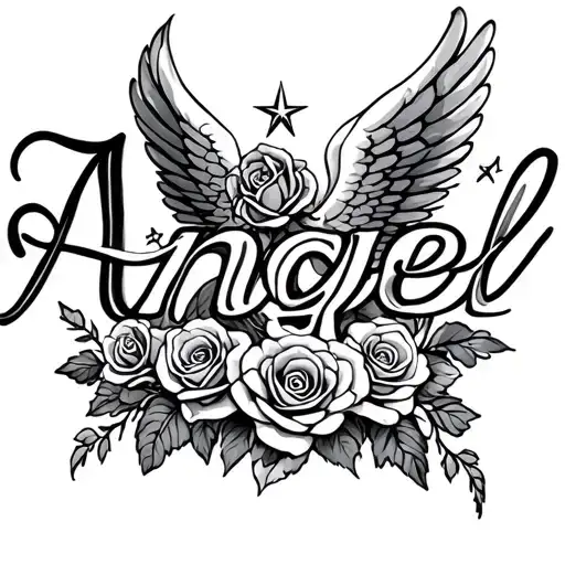 The Letters Angel In Cursive With Roses And A Star