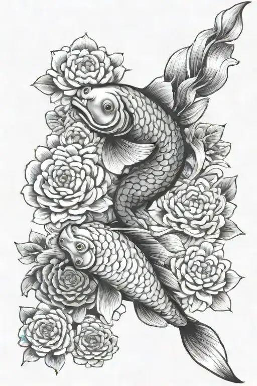 Japanese Koi Fish With Japanese Chrysanthemum And Japanese Camellias