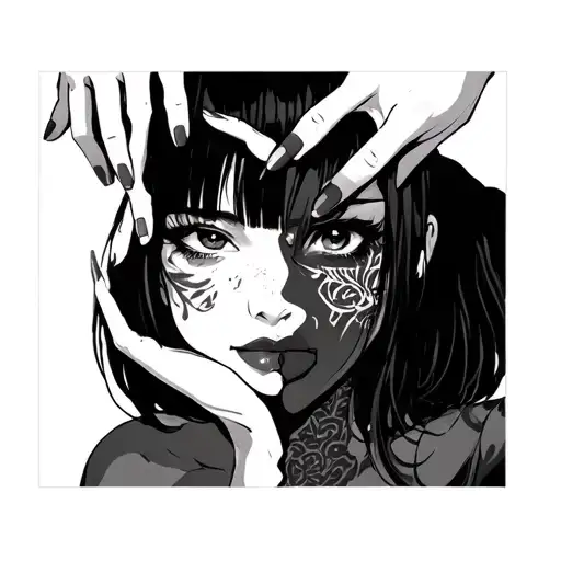 Anime Girl With Face Being Split Apart In 2 Pieces By Hands