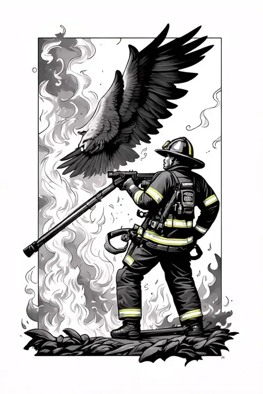 Firefighter Surrounded By Fire Watched Over By An Angle