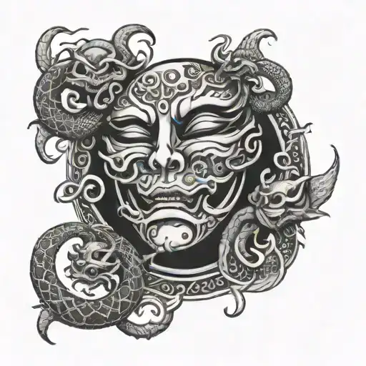 Half Moon With Snakes And Scary Japanese Gothic Masks