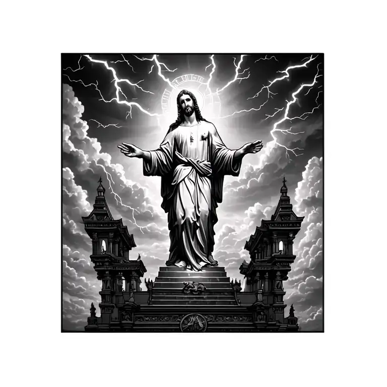 Christ In The Sky Illuminated By A Lightning In A Temple