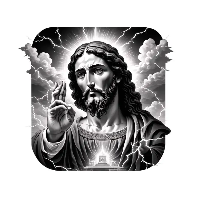 Face Of Christ In Heaven Illuminated By Lightning In A Temple And Clouds