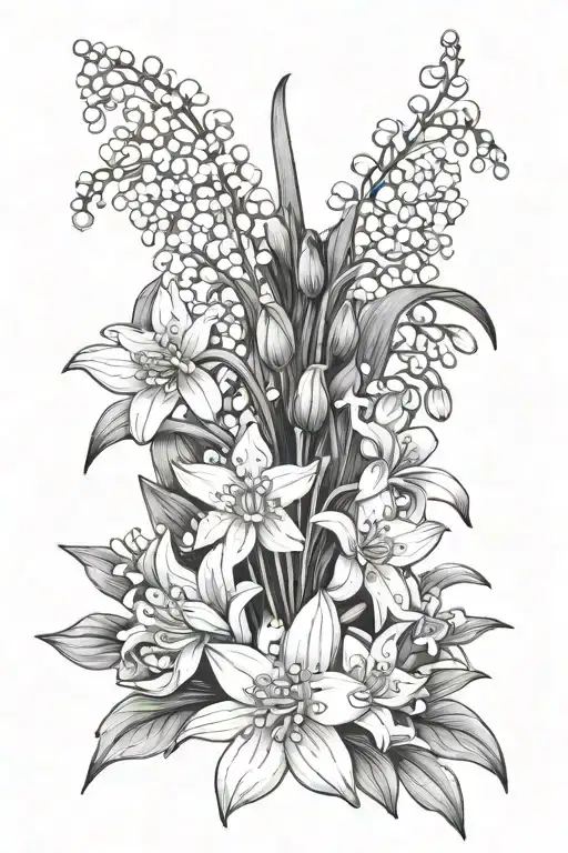 Bouquet Of Flowers With Chrysanthemum And Lily Of The Valley And Daffodils