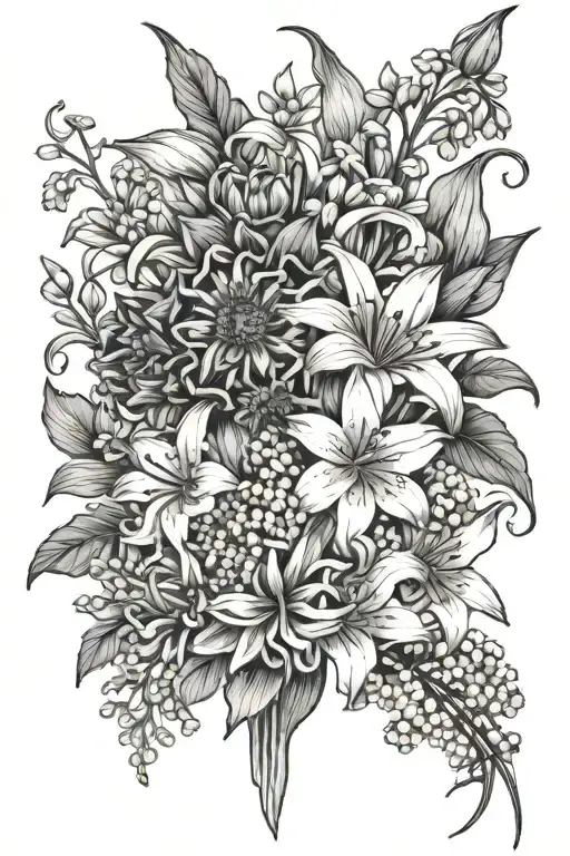 Bouquet Of Flowers With Chrysanthemum And Lily Of The Valley And Daffodils Mostly Linework
