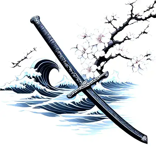 Samurai Sword With Waves And Cherry Blossoms