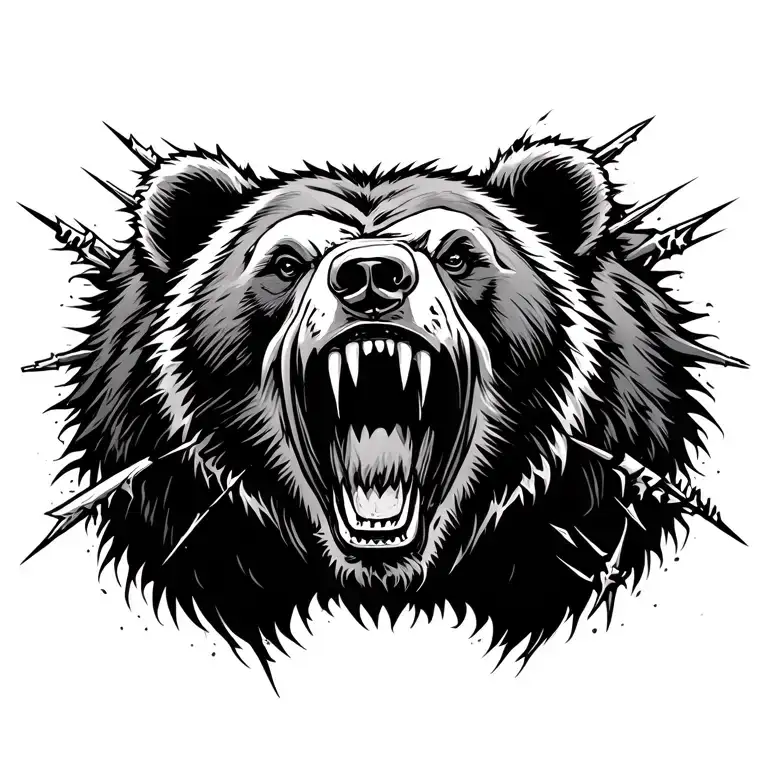 Ferocious Black And White Realistic Bear Roaring With Sharp Teeth And Cuts All Over