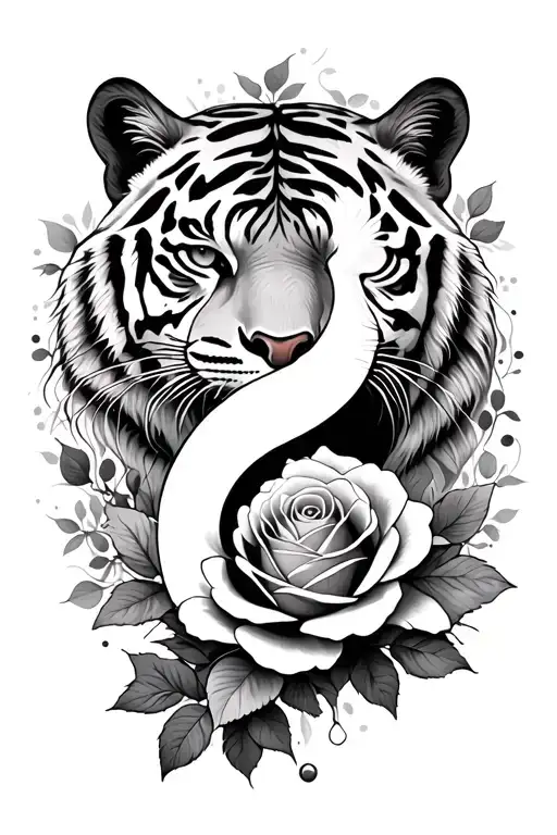 Tiger And Rose Inside Ying And Yang