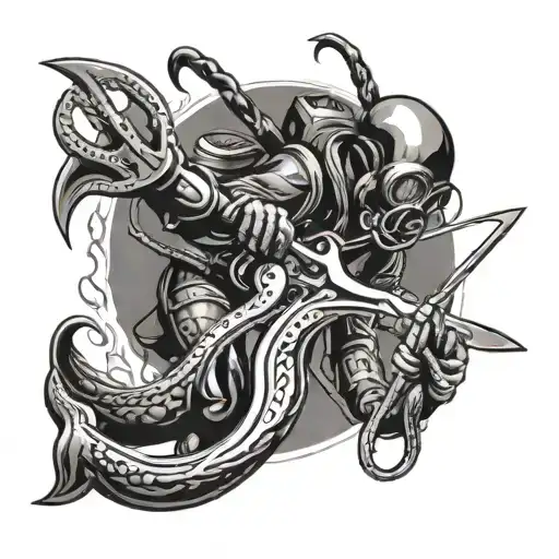 Diver Fighting A Squid With A Knife American Traditional Style