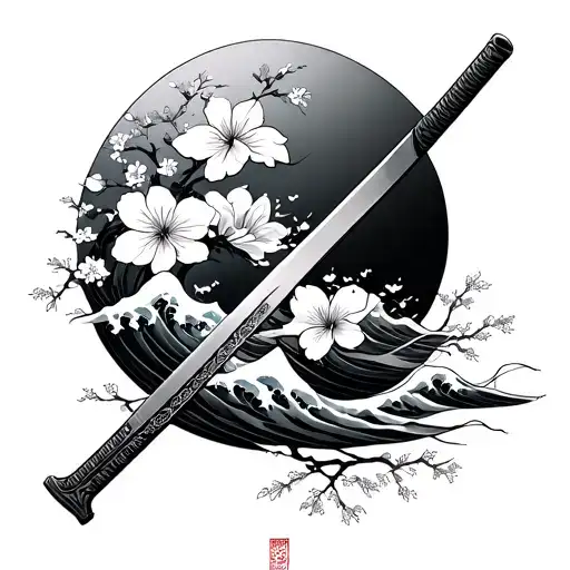 Samurai Sword Incorporated With Waves And Cherry Blossoms
