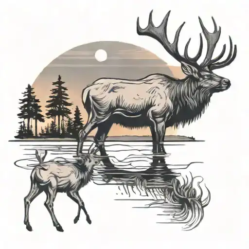 Elk With Trees Colors Sunset Over Lake