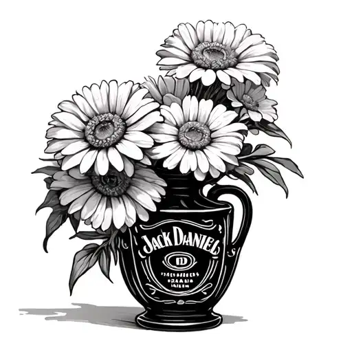 Jack Daniels Vase With Marigolds Blooming