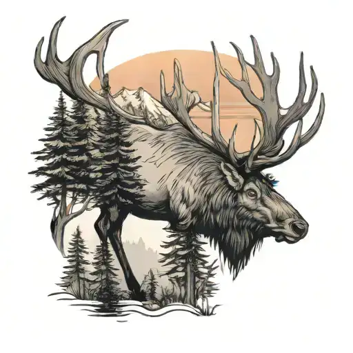 Elk Facing Me With Trees Colors Sunset Over Lake