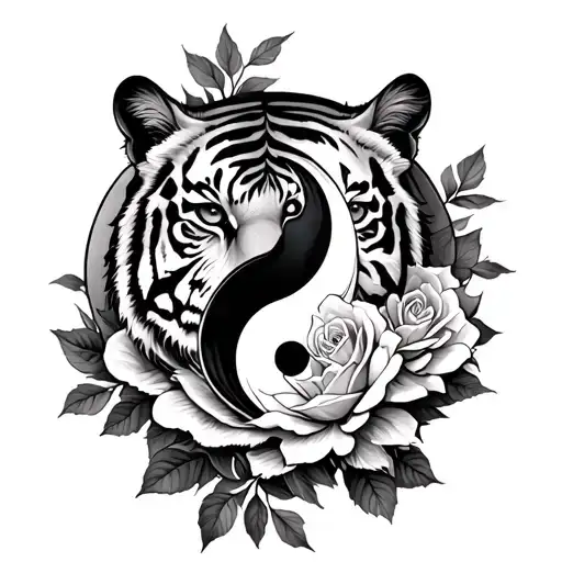 Tiger And Rose Inside A Ying And Yang Symbol