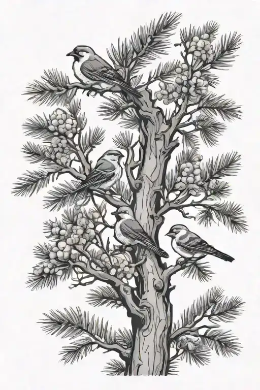 Pine Trees And 18 Small Birds