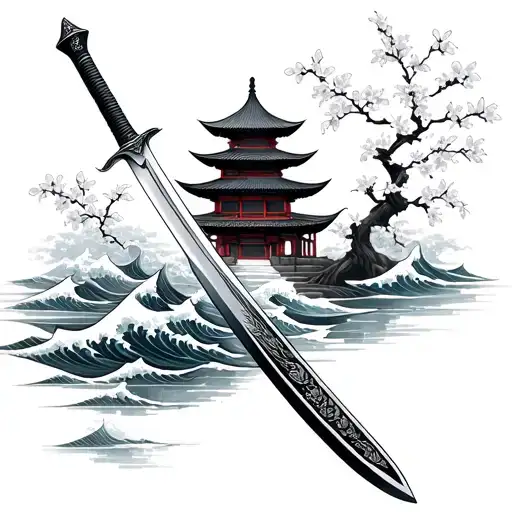 Samurai Sword With Temple And Waves With Cherry Blossoms