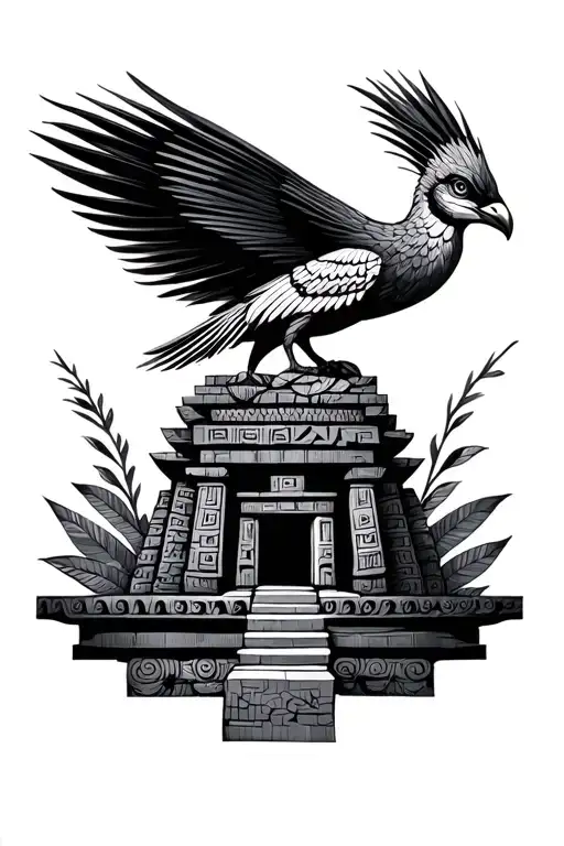 Quetzal With Aztec Temple Nestled