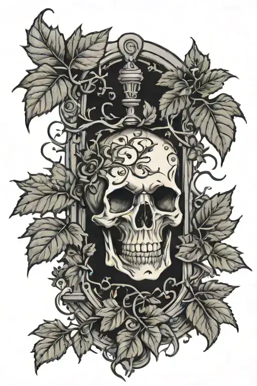 Skeleton Grave Stone Ivy Leaves Intertwined