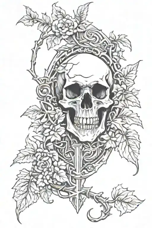 Full Skeleton Grave Stone Ivy Leaves Intertwined