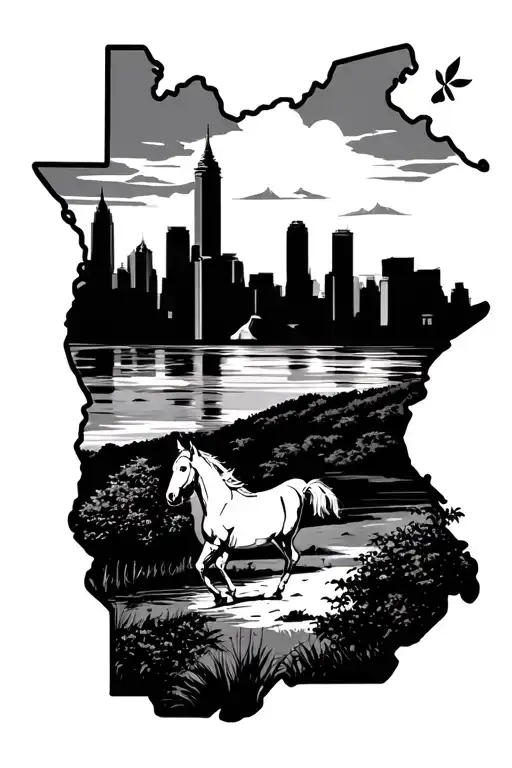 Outline Of Kentucky With Louisville Skyline And A Horse Scene