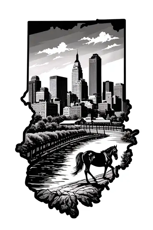 Outline Of Kentucky With Louisville Skyline And A Horse Scene
