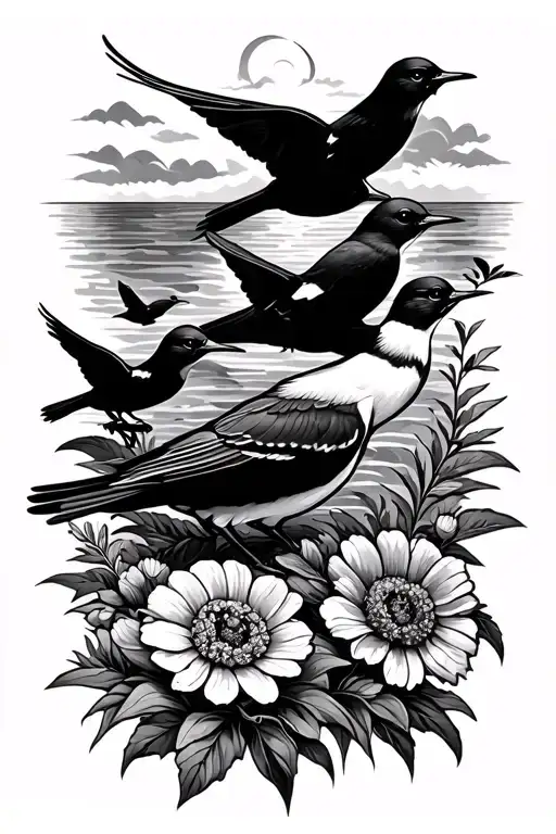 Shore Birds Perched And Some Flying Away With Water In The Background And Marigold Flowers