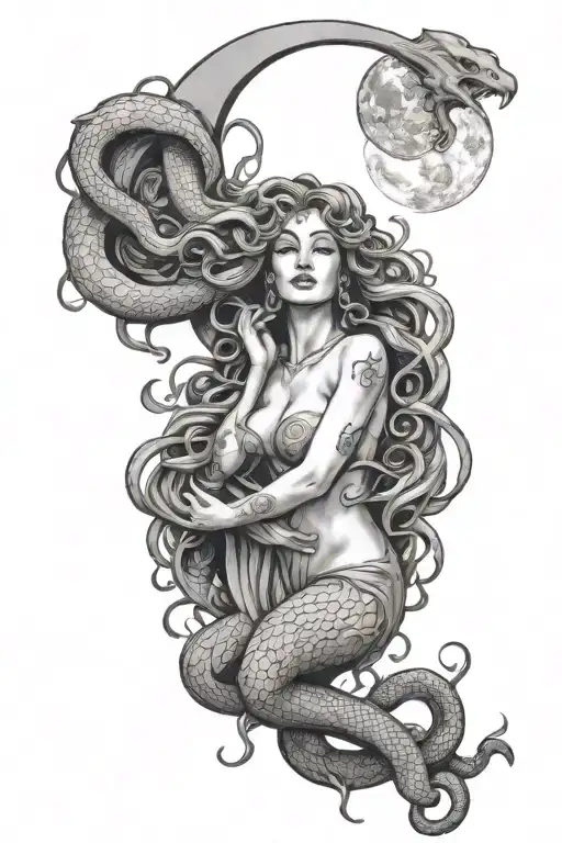 Moon Goddess Pouring From Vile With Snakes Around