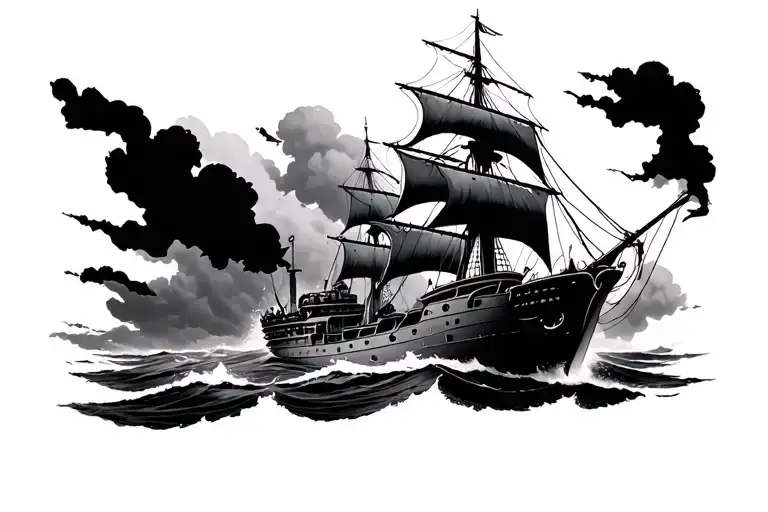 War Ship Sailing Through Stormy