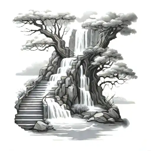 Tree Like W Waterfall And Stairs Leading Up To Clouds