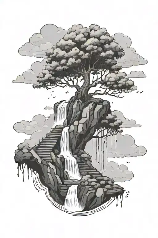 Tree Like W Waterfall And Stairs Leading Up To Clouds