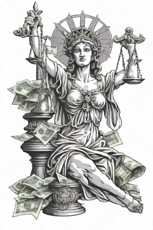 Lady Justice With Cuts And Bruises Blind Folded With Money
