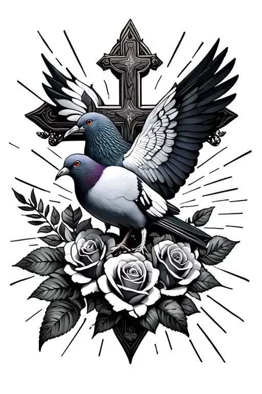 A Cross With A Pidgeon And Roses And Light Rays Coming