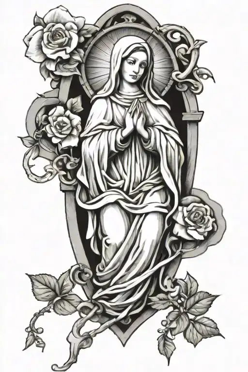 I Want A Sleeve Virgin Mary Tattoo With Church Windows In The Back That Look Like Four Leaf Clovers