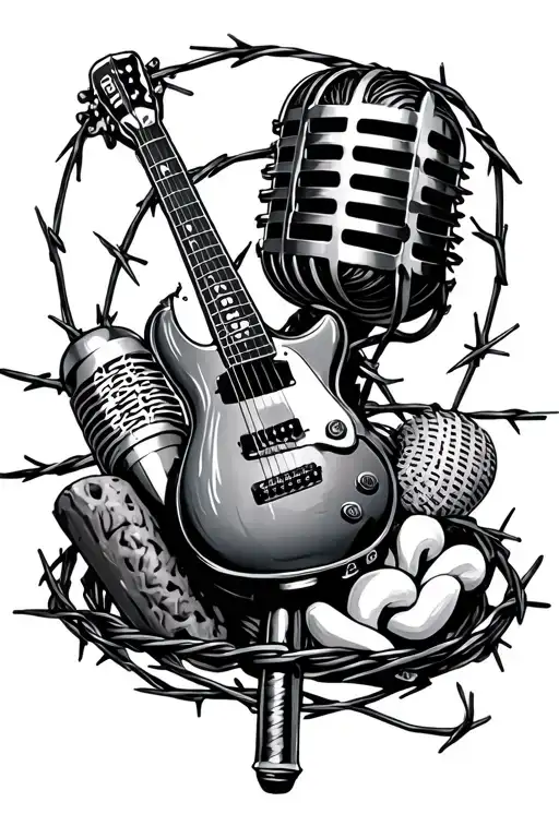 Music Mics And Food Items Morphing Into Barbed Wire