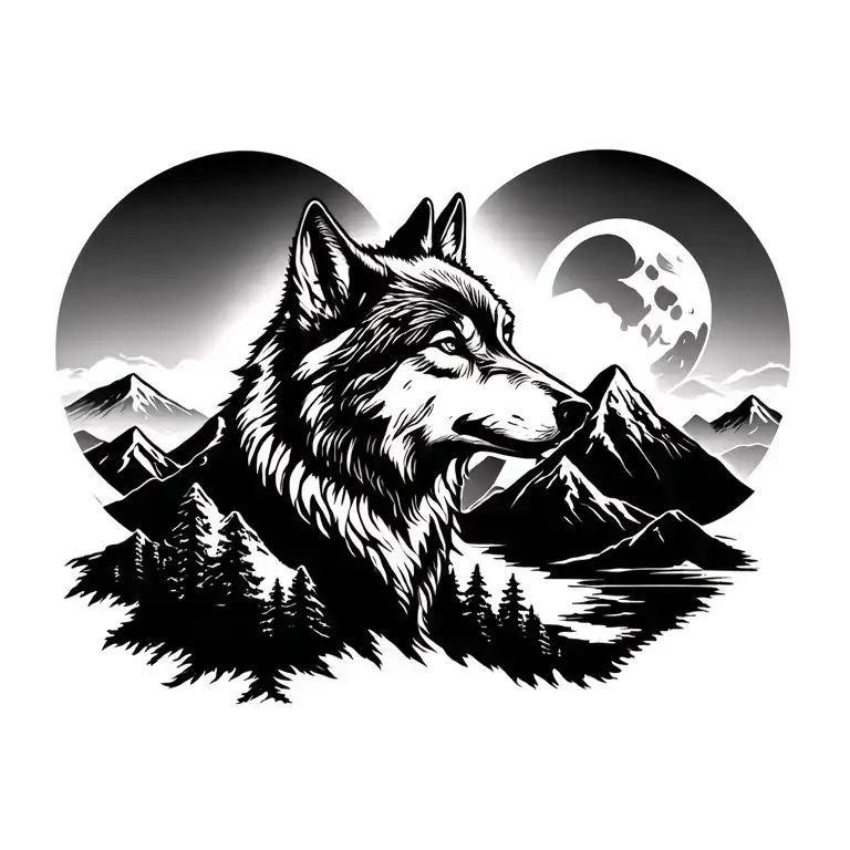 Wolf With Moon And Mountain Range Silhouette