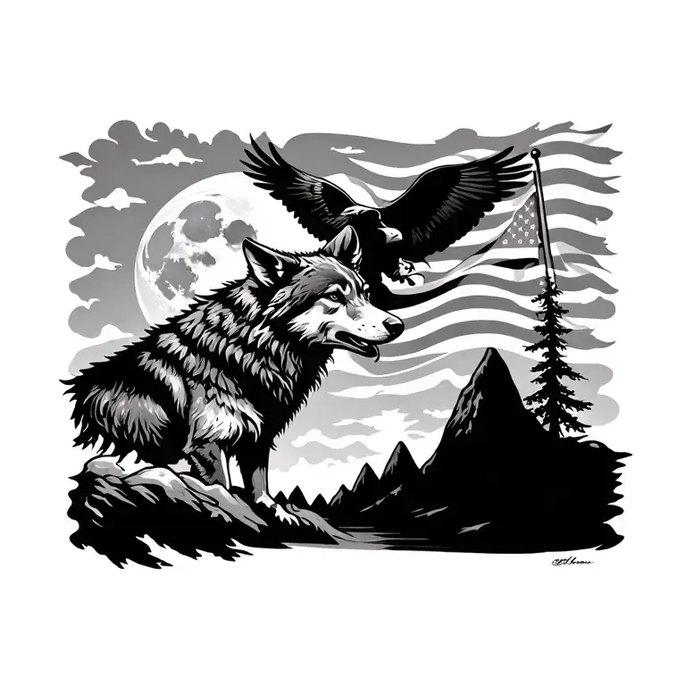 Wolf With Moon And Mountain Range And American Flag With Bald Eagle Silhouette