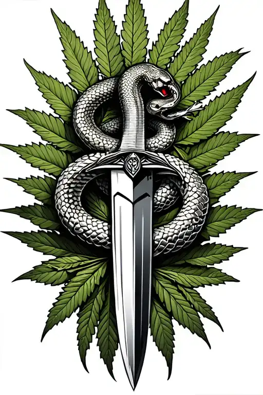 A Dagger With A Snake Writhing In The Background Of Marijuana Leaves