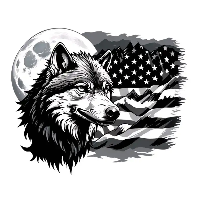 Wolf With Moon And Mountain Range And American Flag With Head Of Bald Eagle Silhouette