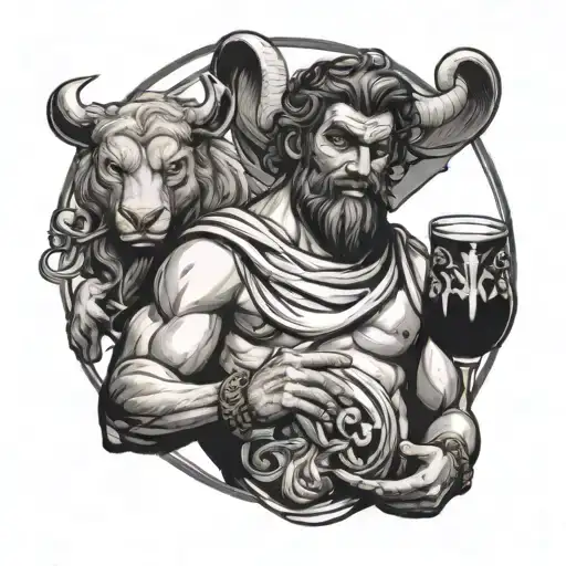 Dioness Greek God Holding Devil Mask Over One Side Of His And The Other Holding Wine