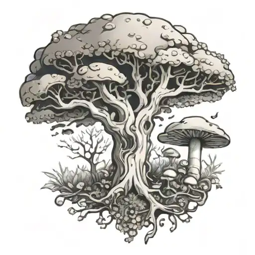 Oak Tree Surrounded By Mushrooms Growing
