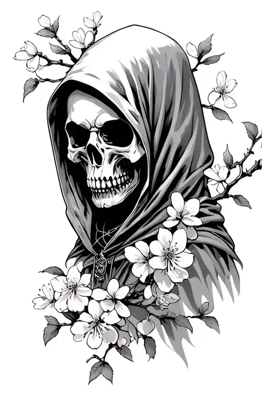 Hooded Grim Reaper Skull Facing Left With Cherry Blossoms And Buds At The Base