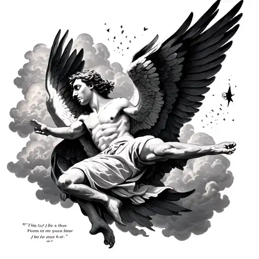 A Falling Icarus Tattoo With Clouds Surrounding And A Small Bible Verse