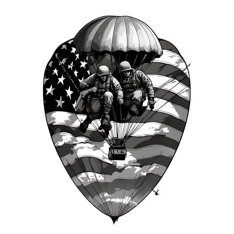 Paratroopers In The Sky With American Flag As Background