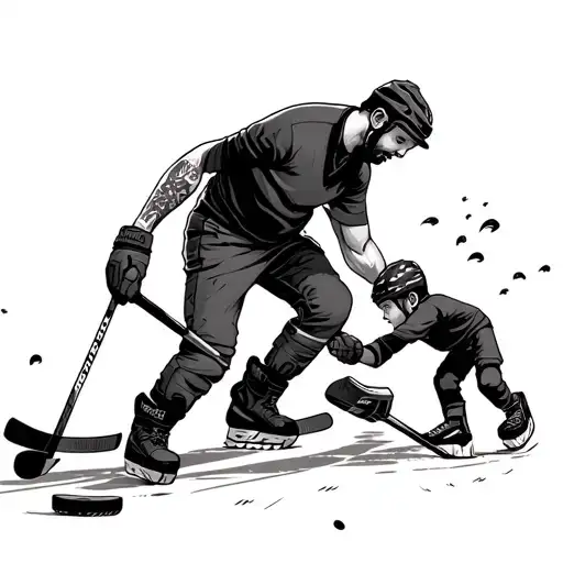 Dad Passing To Son Shooting Pucks In Driveway