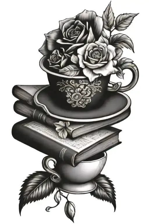 Books And Flowers With A Tea Cup On Top